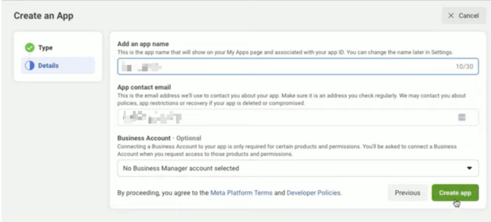 Create an app on the Meta portal.